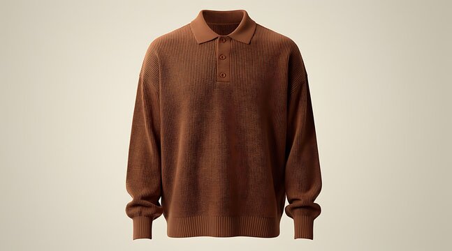 Classic Brown Knitted Long Sleeve Polo Shirt for Men Featuring a Three Button Placket and Ribbed Texture, Elegant Smart Casual Apparel for Autumn and Winter Fashion Collection Isolated on White
