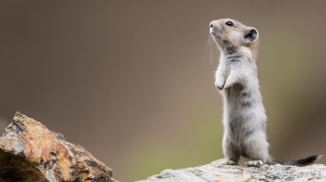 Small brown lemming standing alert on rocky outcrop in grassland
