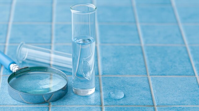Magnifying glass and test tubes on blue tiles