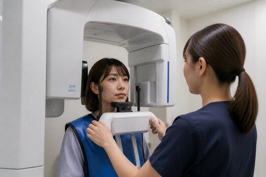 歯科用X線装置で頭部の撮影を受ける女性
