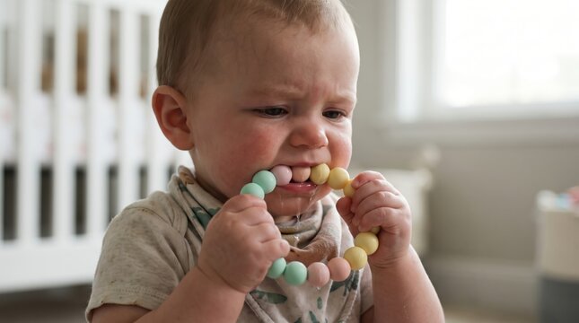 Crying baby holding and chewing a colorful beaded teething ring while seated indoors near a white crib, close up portrait of infant discomfort and soothing toy