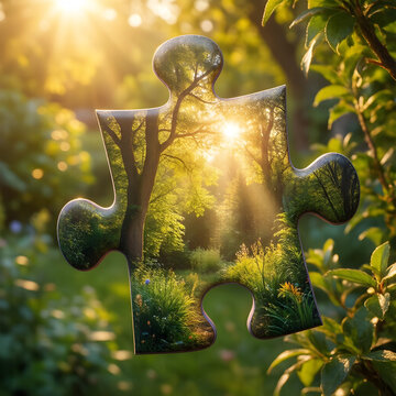 Sustainability and environmental connection, puzzle piece showing a lush forest landscape with golden sunlight rays in a natural outdoor garden setting