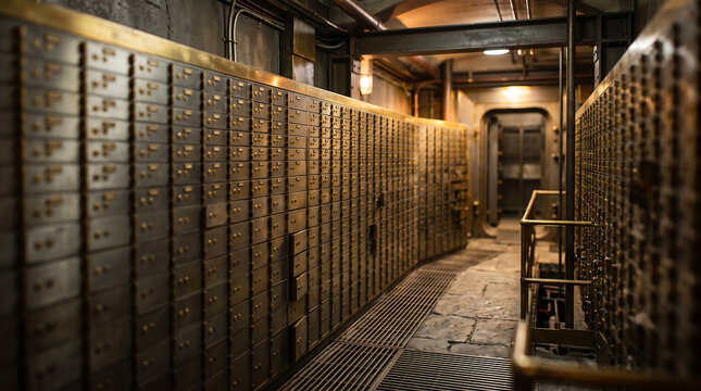 A tilt-shift miniature style of a bank vault interior, featuring rows of metallic safety deposit boxes, brass locks, and a narrow stone walkway leading to a heavy steel door