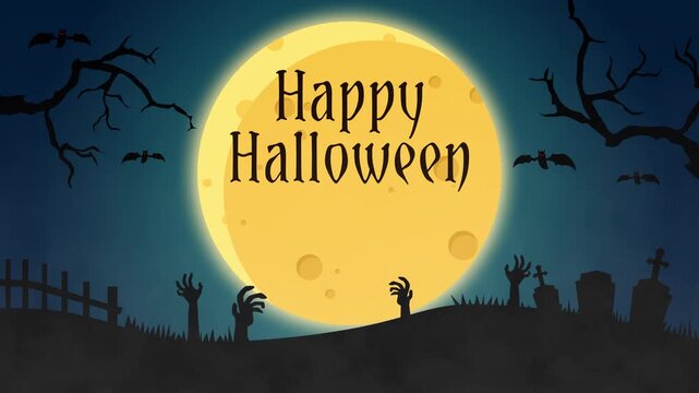Halloween banner In Spooky Night with zombie in graveyard - Happy Halloween animation. halloween pattern easy to color adjustment