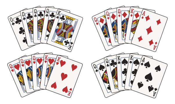 Royal flush playing cards, colorful vector deck featuring jack queen king and ace of clubs diamonds hearts and spades suits