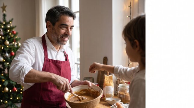Happy dad and boy preparing dough together in the kitchen during festive season