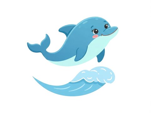 Cute cartoon dolphin jumping over a blue ocean wave isolated on white background