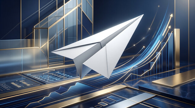 A white paper airplane flying over a dark blue digital background, with glowing financial, growth charts, upward, arrows, and golden, metallic architectural lines