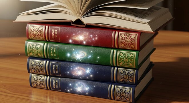 Stack of vintage leather bound books with magical glowing particles and open pages in warm soft lighting