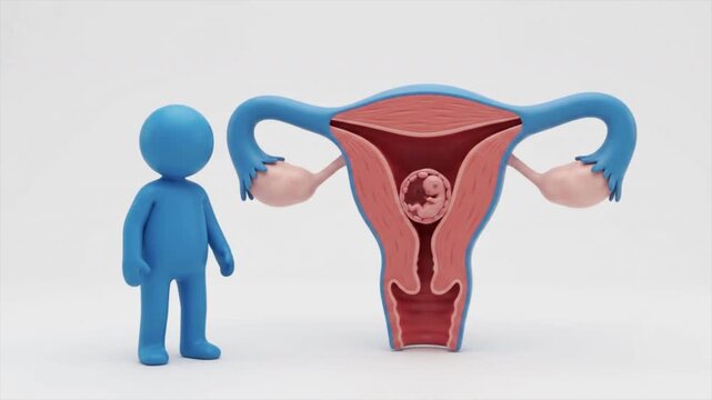 3D Blue Mascot Explaining Uterus Anatomy and Embryo Implantation