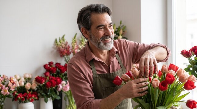 Smiling man florist creating a beautiful bouquet of fresh tulips