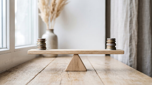 A wooden balance scale with stacks of metallic coins on each side, placed on a rustic wooden table in a bright room with a vase of dried grass