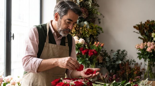 Man selecting fresh rose petals for a floral arrangement in his flower shop