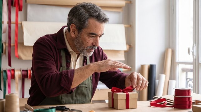 Artisan man carefully tying a red ribbon on a gift box in his workshop