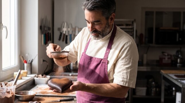 Chocolatier dusting a heart-shaped chocolate with cocoa powder, preparing a sweet dessert