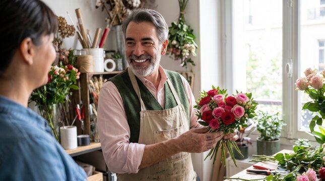 Florist smiling while presenting a fresh rose bouquet to a customer in a flower shop