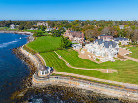 Historic Mansions aerial view on Cliff Walk near the Breakers in city of Newport, Rhode Island RI, USA. 