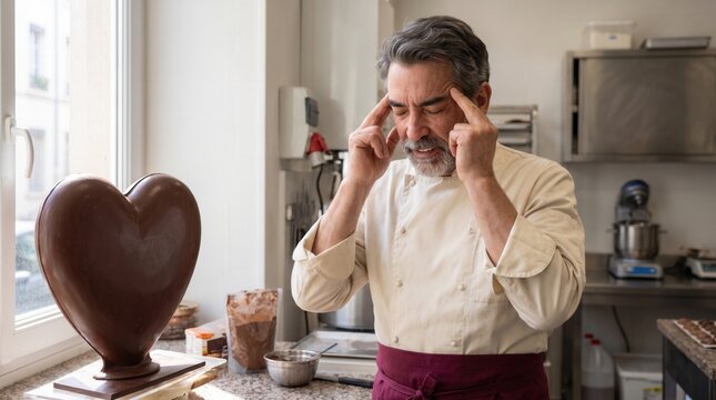 Male pastry chef feeling burnout and headache in a professional kitchen with chocolate heart