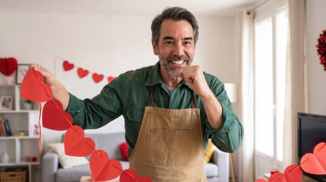 Mature man smiling, holding red heart garland while decorating his living room