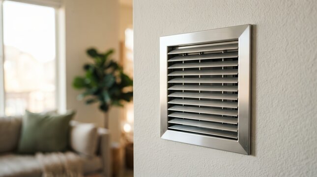 Close-up of a metal wall vent used for indoor heating or air conditioning systems.