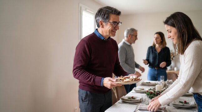 Family members preparing for a holiday dinner, setting the table and bringing food