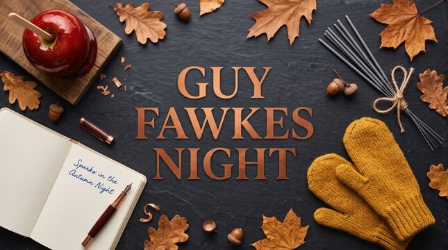Guy fawkes night text arrangement with autumn leaves toffee apple sparklers open notebook and yellow wool mittens on a dark textured background