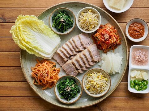 Traditional Korean Bossam Steamed Pork Belly Platter with Kimchi. For Korean restaurant menus, Asian culinary blogs, cultural cookbook covers, Korean BBQ marketing, food delivery branding