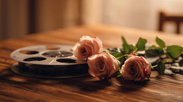 roses and film reel on wooden table