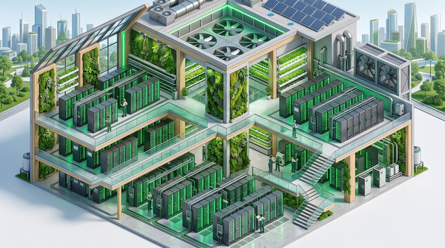 Futuristic green data center with server racks and vertical gardens in an eco-friendly architecture