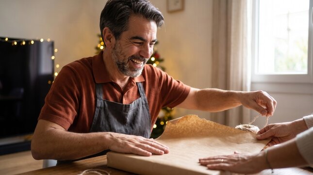 Cheerful man smiling while preparing holiday presents with craft paper and twine