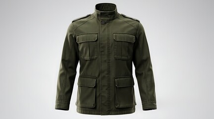 Fototapeta premium Olive Green Military Field Jacket for Men Featuring Four Large Cargo Pockets and Shoulder Epaulets, Rugged Tactical Utility Outerwear Isolated on Neutral Background for Fashion Design