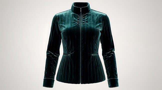 Luxurious dark green velvet quilted jacket for women featuring a slim fit design with a high collar and front zipper closure, elegant emerald winter fashion apparel on a neutral background