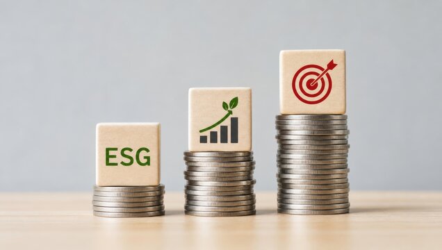 ESG investment growth represented by coins and cubes with sustainability and finance symbols.