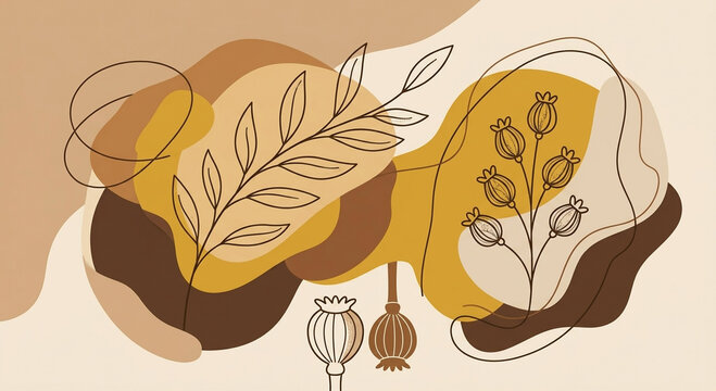 Abstract boho floral line art illustration. Minimalist botanical leaves and poppy pods drawn over earthy brown and mustard yellow organic shapes. Modern aesthetic background design.