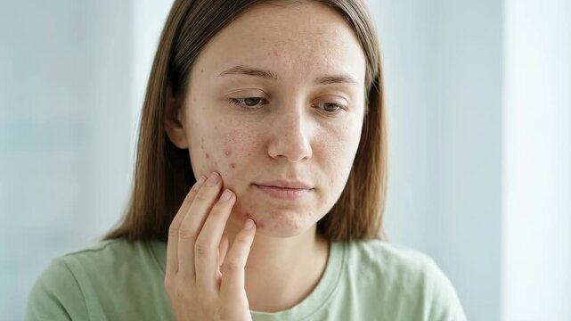 Concerned woman examining acne and skin blemishes on her face