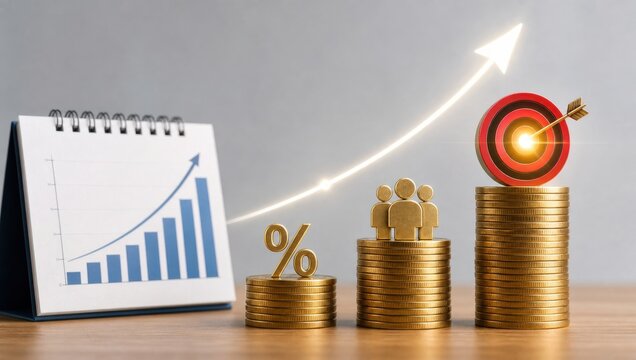 Financial growth and success concept with upward trend graph coins percentage sign people and target dart.