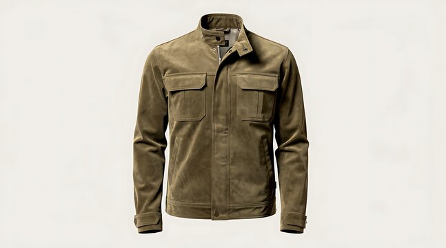 Men's olive green suede field jacket featuring classic military utility design with two chest pockets, snap-button stand collar, and durable fabric for rugged outdoor lifestyle and fashion.