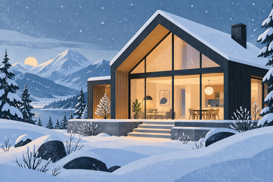 Modern passive house with warm interior and snowy windows