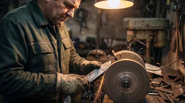 Craftsman sharpening metal tool with electric grinder in workshop