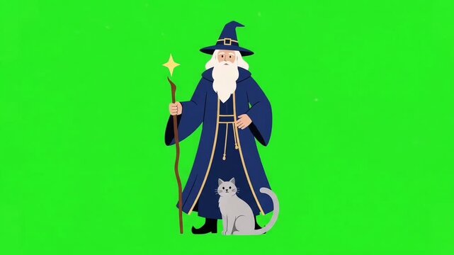 Old Wizard Sorcerer with Magic Wand Staff and Cat, Halloween Magic Character Vector on Green Screen
