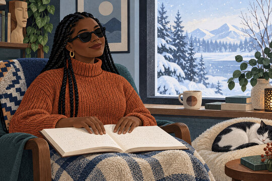 An inclusive reader using a braille book by a snowy window