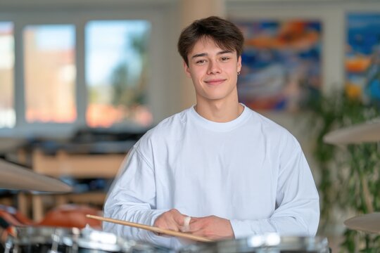 Young man smiles gently while holding drumsticks