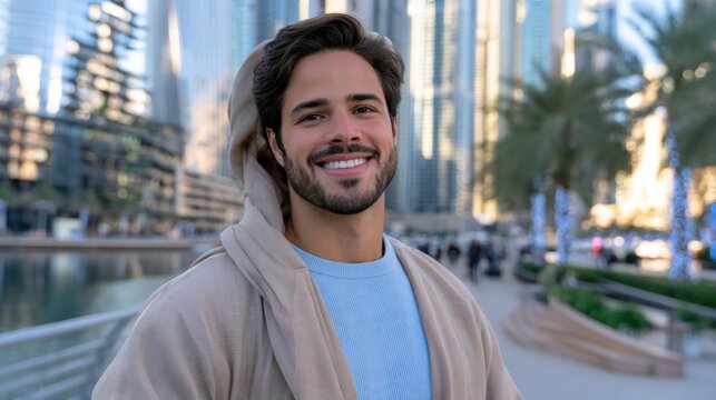 Young man smiles warmly in a modern urban setting