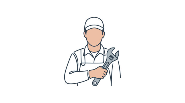Mechanic wearing overalls and a cap holding a large adjustable wrench, representing skilled labor and industrial repair services.
