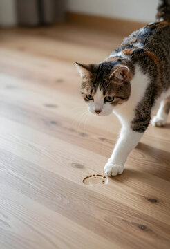 Pet care and animal companionship, curious cat investigating a small human footprint on a wooden floor in a modern home interior