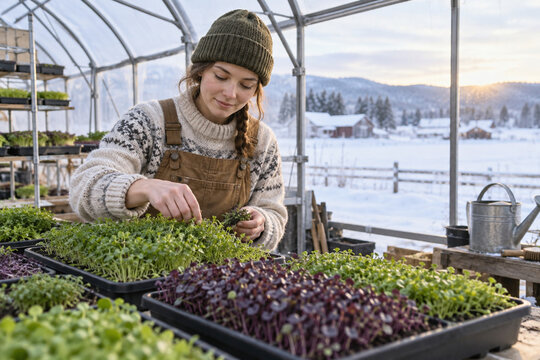 Young farmer tending microgreens in a greenhouse surrounded by snowy
