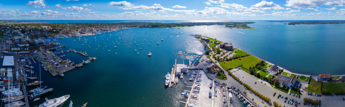 Newport Harbor and Goat Island panoramic aerial view in Narragansett Bay, city of Newport, Rhode Island RI, USA. 