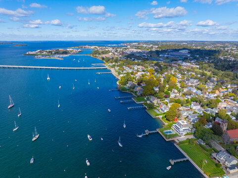 Historic waterfront mansion aerial view on Washington Street in Newport Harbor in Narragansett Bay, city of Newport, Rhode Island RI, USA. 