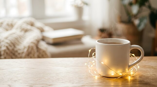 A cozy and inviting winter scene featuring a warm beverage soft blankets and a blurred background evoking feelings of peace and relaxation during