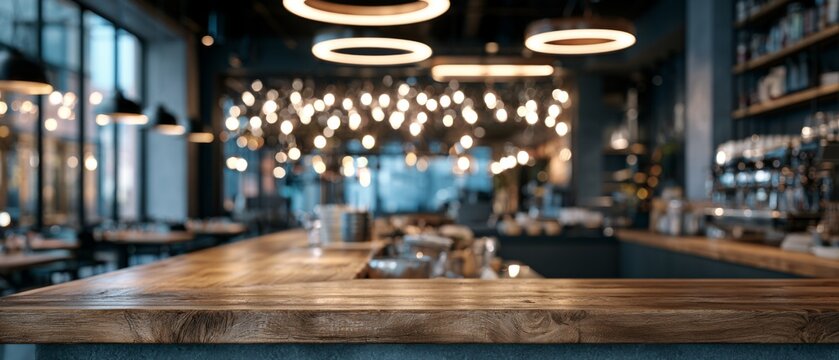 Empty wooden cafe counter with blurred modern restaurant interior and warm bokeh lights
